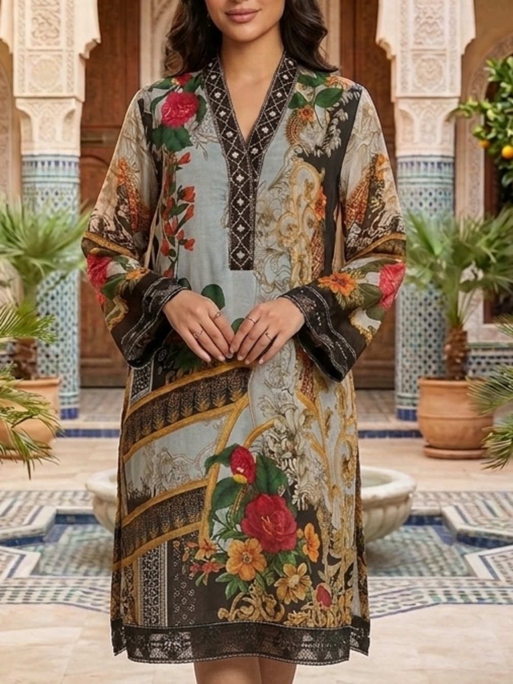 Sapphire Floral Print V-Neck Women’s Dress - Multicolor size Large